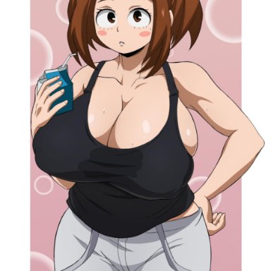 1girls, big breasts, brown eyes, brown hair, cleavage, dratvan, female only, juice box, looking at viewer, my hero academia, ochako uraraka, rosy cheeks, shorts, sleeveless shirt, solo