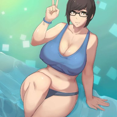 big breasts, glasses, hourglass figure, huge breasts, large breasts, mei (overwatch), metal owl, overwatch, partially clothed, thick thighs, wide hips