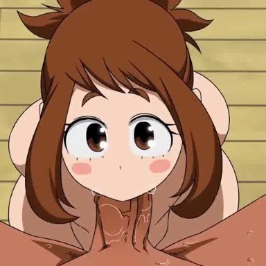 animated, blowjob, brown eyes, brown hair, dark-skinned male, edit, felipe godoy, fellatio, interracial, looking at viewer, my hero academia, ochako uraraka, sound, tagme