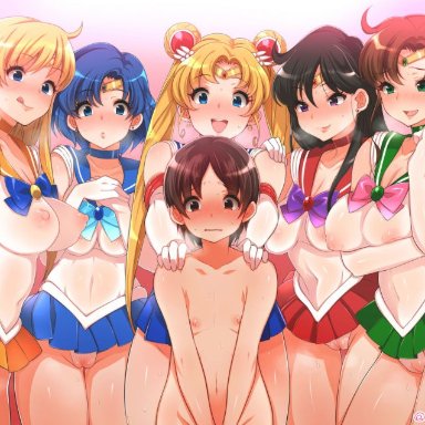 1boy, 5girls, bishoujo senshi sailor moon, black hair, blonde hair, blue hair, brown hair, cameltoe, multiple girls, nipples, no bra, sailor jupiter, sailor mars, sailor mercury, sailor moon