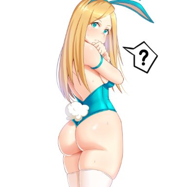 ass, blonde hair, blush, bunny ears, bunnysuit, confused, dat ass, female, from behind, huge ass, long hair, looking at viewer, original, original character, thong