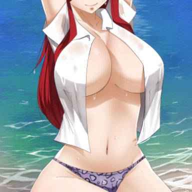 arms behind back, big breasts, erza scarlet, fairy tail, gaston18, red hair