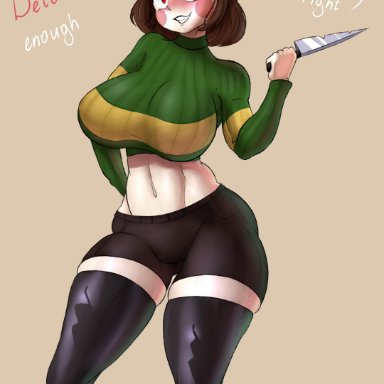 1girl, big ass, big breasts, black thighhighs, brown hair, chara, clothed, darky, english text, exposed belly, knife, looking at viewer, navel, pink cheeks, plain background