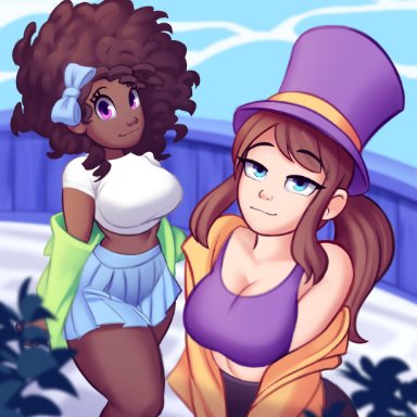 2girls, a hat in time, adapted costume, afro, aged up, alternate costume, alternate hair length, alternate hairstyle, big breasts, blue eyes, bow, bow kid, breasts, brown hair, cleavage