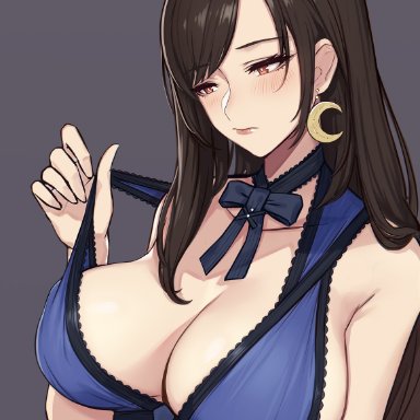 1girls, big breasts, black hair, blue dress, blush, bowtie, cleavage, earrings, evan yang, female, female focus, female only, final fantasy, final fantasy vii, final fantasy vii remake