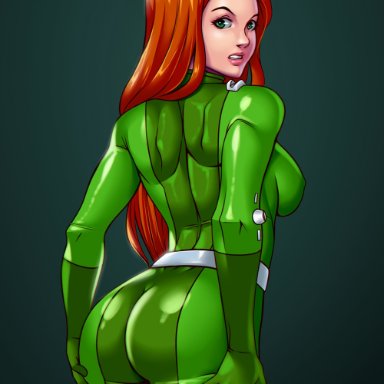 ass, breasts, green eyes, latex, latex bodysuit, latex dress, latex gloves, latex suit, r3ydart, red hair, sam (totally spies), totally spies