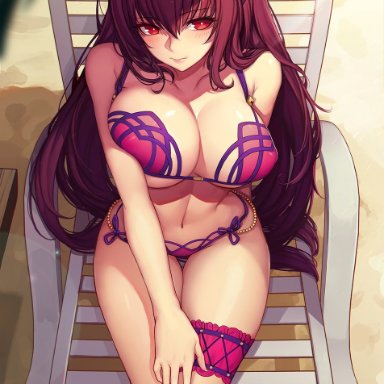 beach, bikini, evan yang, fate (series), fate/grand order, flower in hair, long hair, looking away, midriff, ornament, purple hair, red eyes, scathach (fate) (all), scathach (fate/grand order), scathach (swimsuit assassin)