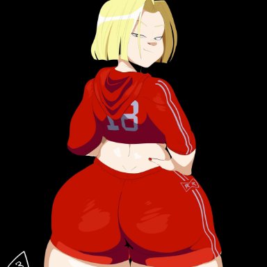android 18, ass focus, barrybbeesly, blonde hair, blue eyes, curvy, dat ass, dragon ball z, female, from behind, huge ass, looking back, short hair, smiling, thick thighs