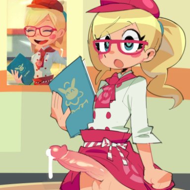 1futa, balls, big penis, blonde hair, blue eyes, blush, dickgirl, erection, futanari, glasses, glassrunner, hat, heart-shaped pupils, human, intersex