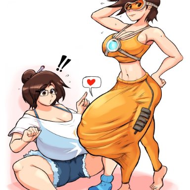 barely contained, erection, erection under clothes, futanari, hyper breasts, hyper penis, lucy fuchs, mei (overwatch), overwatch, penis awe, penis bulge, stretched clothes, surprised, sweating, tracer