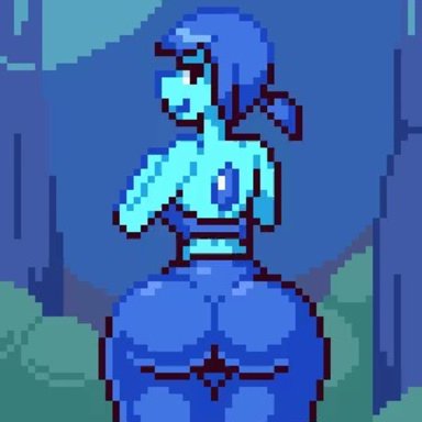 animated, big ass, blue body, blue eyes, blue hair, countmoxi, gem (species), lapis lazuli (steven universe), looking at viewer, looking back, nice lapis, outside, pixel animation, pixel art, ponytail