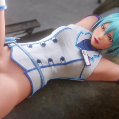 1boy, 1girl, 3d, animated, armpits, arms up, blue hair, bottomless, creampie, cum, cum in pussy, cum inside, cumdrip, dead or alive, dead or alive 6