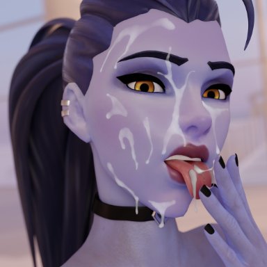 3d, choker, cum, cum on face, earrings, female, female only, nemesis 3d, overwatch, painted nails, purple skin, tongue, tongue out, widowmaker, yellow eyes