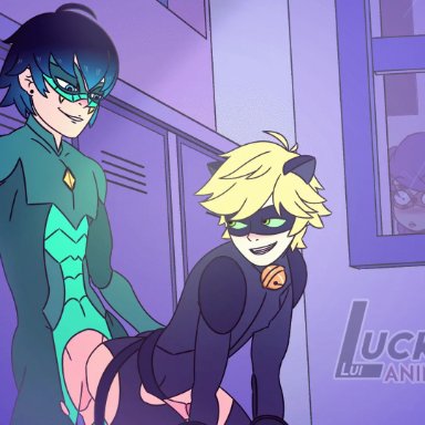 2boys, adrien agreste, alternate version available, anal, animated, blonde hair, blush, bodysuit, cat ears, cat noir, chat noir, luckylui, luka couffaine, male penetrating, miraculous ladybug