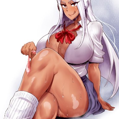 big breasts, bunny ears, condom, cum on face, dark skin, dark-skinned female, female, female only, haikawa hemlen, licking lips, long hair, miruko, my hero academia, red eyes, rumi usagiyama