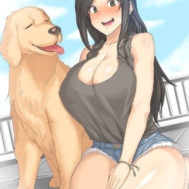 blush, canine, female, happy, huge ass, huge breasts, long hair, looking at viewer, mm (yoromu), smile, thick thighs, thighs