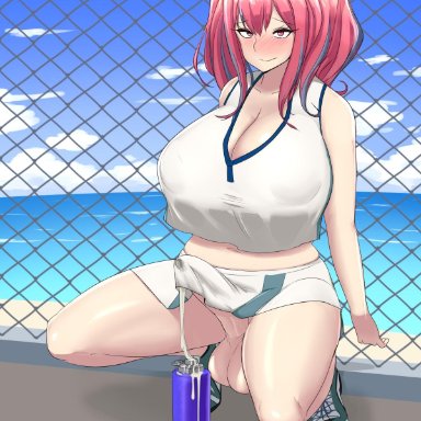 azur lane, bottle, bremerton (azur lane), cum, cum in bottle, cum in container, futanari, large balls, large breasts, large penis, ocean