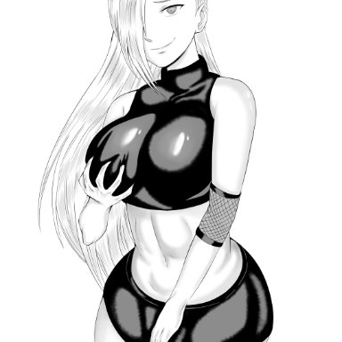 1girls, big breasts, black and white, breast grab, breasts, drawing, female, female only, hair over one eye, hand on crotch, ino yamanaka, long hair, looking at viewer, naruto, naruto (series)