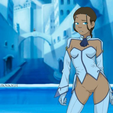 anaxus, avatar the last airbender, blue eyes, bottomless, brown hair, dark skin, dark-skinned female, female only, gloves, katara, posing, pussy, solo, thighhighs, vagina