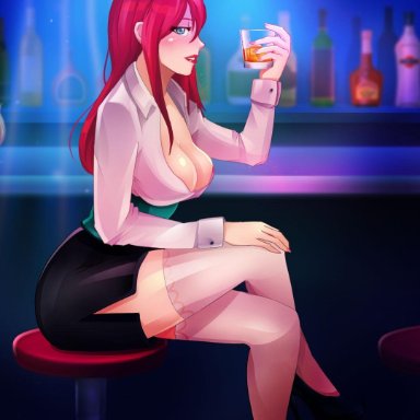 1girl, alcohol, Amanda (Fapceo), barmaid, blue eyes, blush, cocktail, counter, Fapceo, Juego, large breasts, long hair, long stockings, no bra, Nutaku.net