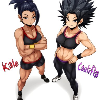 2girls, abs, big breasts, breasts, caulifla, cleavage, dragon ball, dragon ball super, female, female only, jmg, kale, large breasts, muscles, muscular