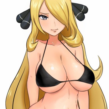 big breasts, big tits, blonde hair, breasts, cleavage, cynthia (pokemon), female, female only, hair over one eye, human, nervous, nintendo, pokemon, ponytail, underboob