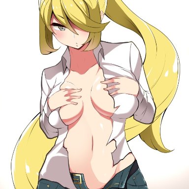 big breasts, blonde hair, breasts, cynthia (pokemon), female, hair over one eye, human, nintendo, open fly, pokemon, ponytail, tagme