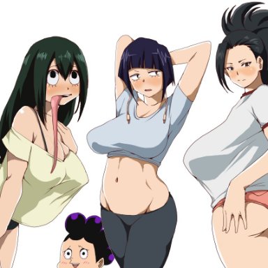 1boy, 3girls, alternate breast size, ass, black hair, earlobe jacks, earlobes, follow, green hair, huge breasts, kyoka jiro, long tongue, minoru mineta, momo yaoyorozu, my hero academia