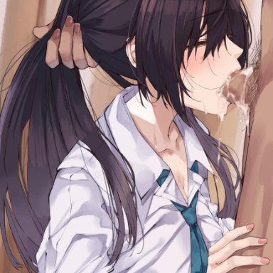 absurdres, bangs, black hair, blush, breasts, censored, cleavage, closed mouth, collared shirt, cum, cum bubble, cum in mouth, cumdrip, dark skin, dark skinned male