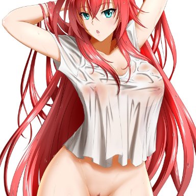 alfred cullado, arms behind head, arms up, blue eyes, blush, bottomless, breasts, collarbone, female, hands in hair, high school dxd, highres, large breasts, long hair, looking at viewer