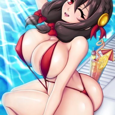 ass, big breasts, bikini, breasts, kono subarashii sekai ni shukufuku wo!, looking at viewer, one eye closed, seviesphere, sling bikini, yunyun (konosuba)