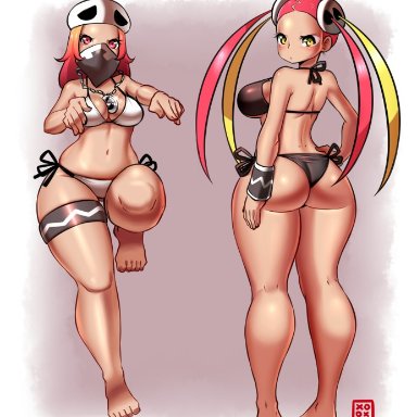 2girls, ass, big ass, bikini, eye contact, female, female only, huge ass, human, kenron toqueen, looking at viewer, looking back, makeup, nintendo, pink eyes