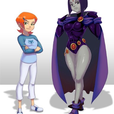 2girls, ben 10, dc, female only, gez1313, green eyes, gwen tennyson, purple eyes, purple hair, raven, red hair, teen titans