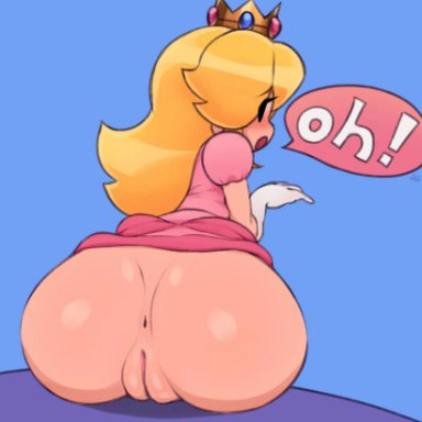 anus, ass, back, blonde hair, blue background, blush, bottomless, crown, dress, elbow gloves, eyebrows visible through hair, eyelashes, highres, mario (series), nintendo