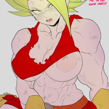 1girl, abs, angry, areolae, areolae slip, beaten, big breasts, breast outside, breasts, clothing, dialogue, dragon ball, dragon ball super, earrings, english text