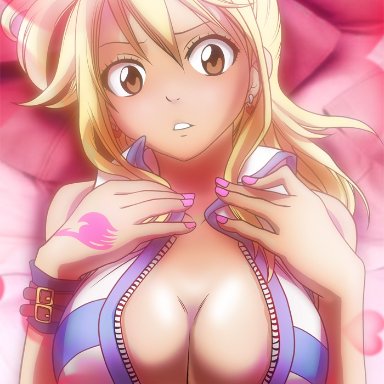 1girls, adson, big breasts, blonde hair, breasts, brown eyes, cleavage, colorized, earrings, fairy tail, gairon, hair ribbon, heart, heart earrings, jewelry