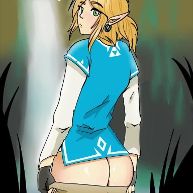 ?, 1boy, amateur artist, ass, big ass, big butt, blonde hair, breath of the wild, butt, earring, elf ears, femboy, feminine male, fingerless gloves, girly