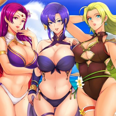 3girls, big breasts, bikini, breasts, brunnya (fire emblem), cleavage, female, female only, fire emblem, fire emblem heroes, fire emblem: the binding blade, fire emblem: the blazing blade, fire emblem: the sacred stones, large breasts, looking at viewer