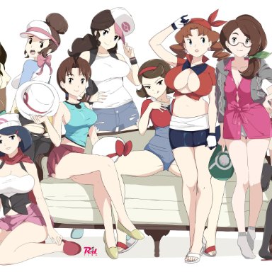 1girl, 6+girls, 9girls, alternative costume, breasts, brown hair, caroline (pokemon), delia ketchum (pokemon), female, game freak, grace (pokemon), high resolution, human, johanna (pokemon), long hair