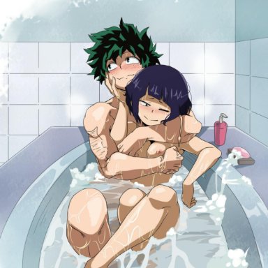 1boy, 1girls, bath, bathing, bathroom, bathtub, blush, breasts, earjacks, female, freckles, green eyes, green hair, hand on another's face, hand on cheek