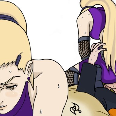 1boy, 1girls, ass, ass sniffing, blonde hair, earrings, facesitting, fully clothed, hair over one eye, hands on ass, huge ass, ino yamanaka, kneeling, long hair, naruto