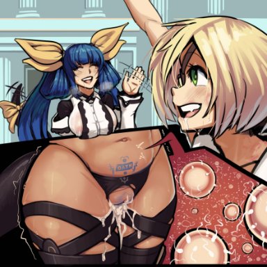 1boy, 1girl, black panties, boxman, breasts, cum, cum in pussy, dizzy (guilty gear), guilty gear, impregnation, lactation, large breasts, navel, sin kiske, tail