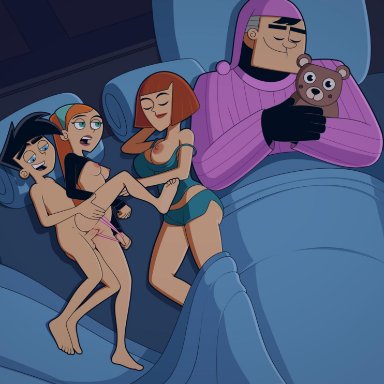 2boys, 2girls, areola, areolae, barefoot, black hair, blue eyes, breasts, brother, brother and sister, bust, busty, closed eyes, clothing, danny fenton