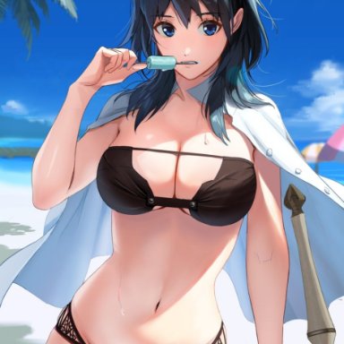 1girls, artist request, beach, belly, big breasts, bikini, black bikini, black swimsuit, blue eyes, byleth (female), byleth (fire emblem), byleth (fire emblem) (female), cleavage, eating, female