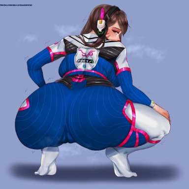 ass, big ass, blizzard entertainment, brown hair, cameltoe, d.va, dat ass, female, female only, huge ass, long hair, milileonaorochi, overwatch, plain background, simple background