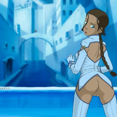 anaxus, ass, avatar the last airbender, blue eyes, bottomless, braid, braided hair, brown hair, dark skin, dark-skinned female, female, female only, gloves, katara, posing