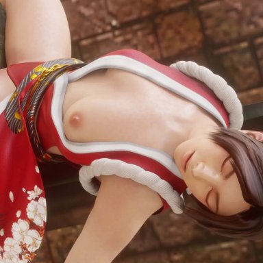 1boy, 1girl, 3d animation, animated, breasts, brown hair, cum, cum in pussy, cum inside, dead or alive, hetero, jerid oiso, king of fighters, long hair, mai shiranui