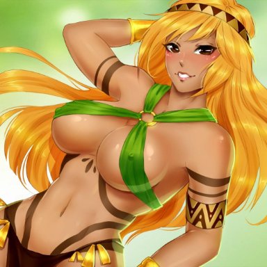 amazon, big breasts, blonde hair, blush, brown eyes, brown loincloth, Cassandra (Fapceo), dark-skinned female, Fapceo, green bra, Juego, long hair, no panties, Nutaku.net, tattoos