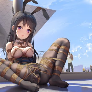 anal, anal object insertion, animal ears, arms behind back, bangs, bare arms, bare shoulders, black bow, black hair, black legwear, black leotard, black neckwear, blue sky, blush, bondage