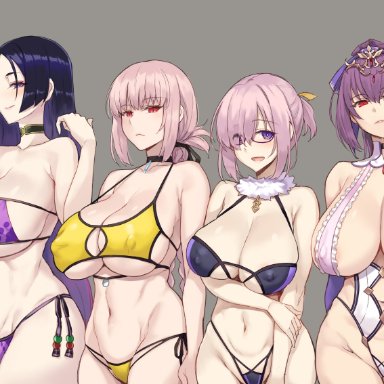 4girls, areola slip, areolae, armpits, bangs, bare shoulders, beads, bikini, blue bikini, blush, braid, breasts, chaldea lifesavers, choker, clavicle